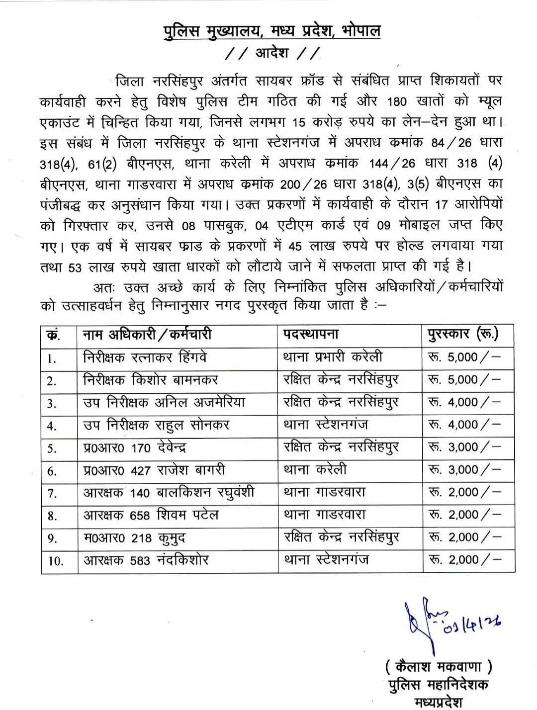 DGP कैलाश मकवाना ने नरसिंहपुर पुलिस की थपथपाई पीठ, साइबर गिरोह का किया था खात्मा