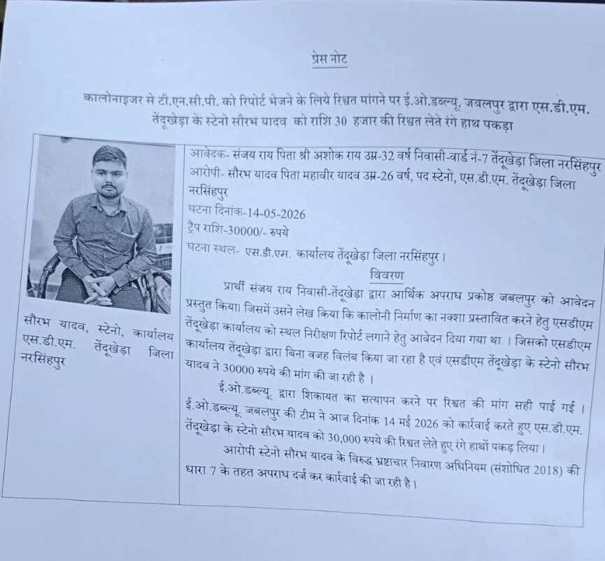 नरसिंहपुर में EOW का छापा: ₹30,000 की रिश्वत लेते स्टेनो गिरफ्तार, लेकिन शिकायतकर्ता कुछ और कह रहा है कार्यवाही पर उठ रहे सवाल