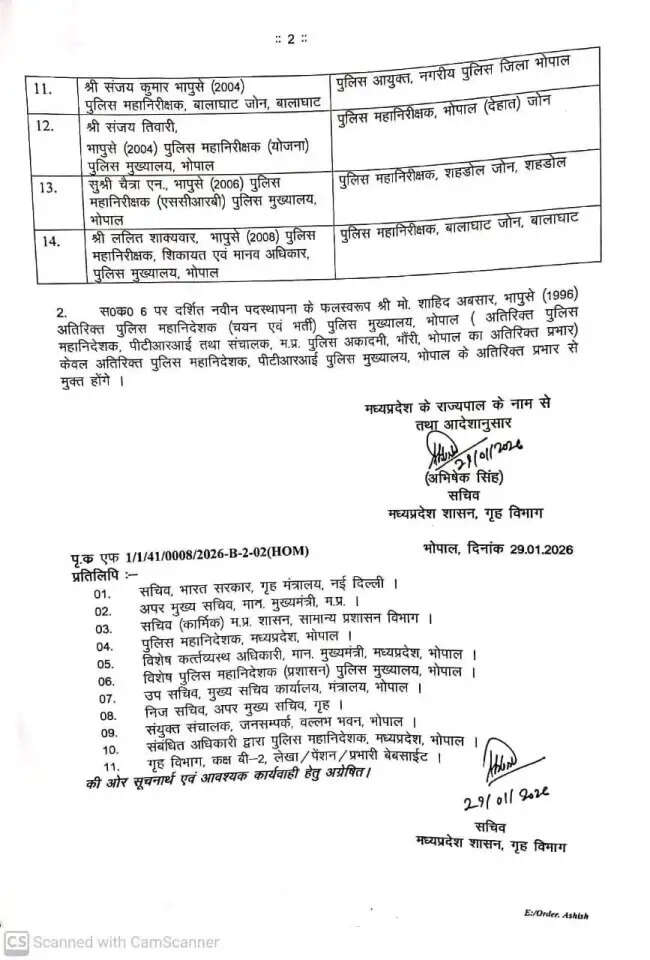 एमपी पुलिस प्रशासन में बड़ी सर्जरी: परिवहन आयुक्त और कई एडीजी बदले गए, यहाँ देखें सूची