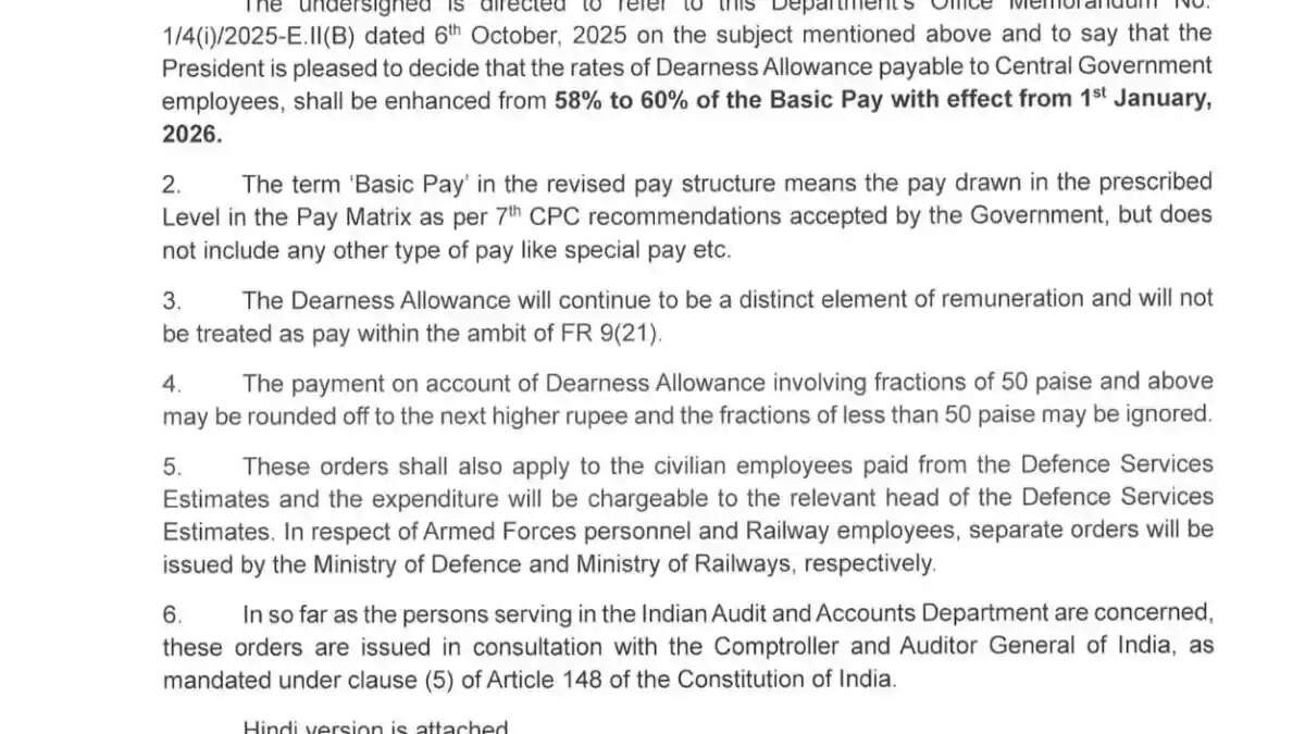 बड़ी खबर! केंद्रीय कर्मचारियों और पेंशनर्स के लिए सरकार ने खोला खुशियों का पिटारा। 1 जनवरी 2026 से महंगाई भत्ता (DA) बढ़कर होगा 60%।